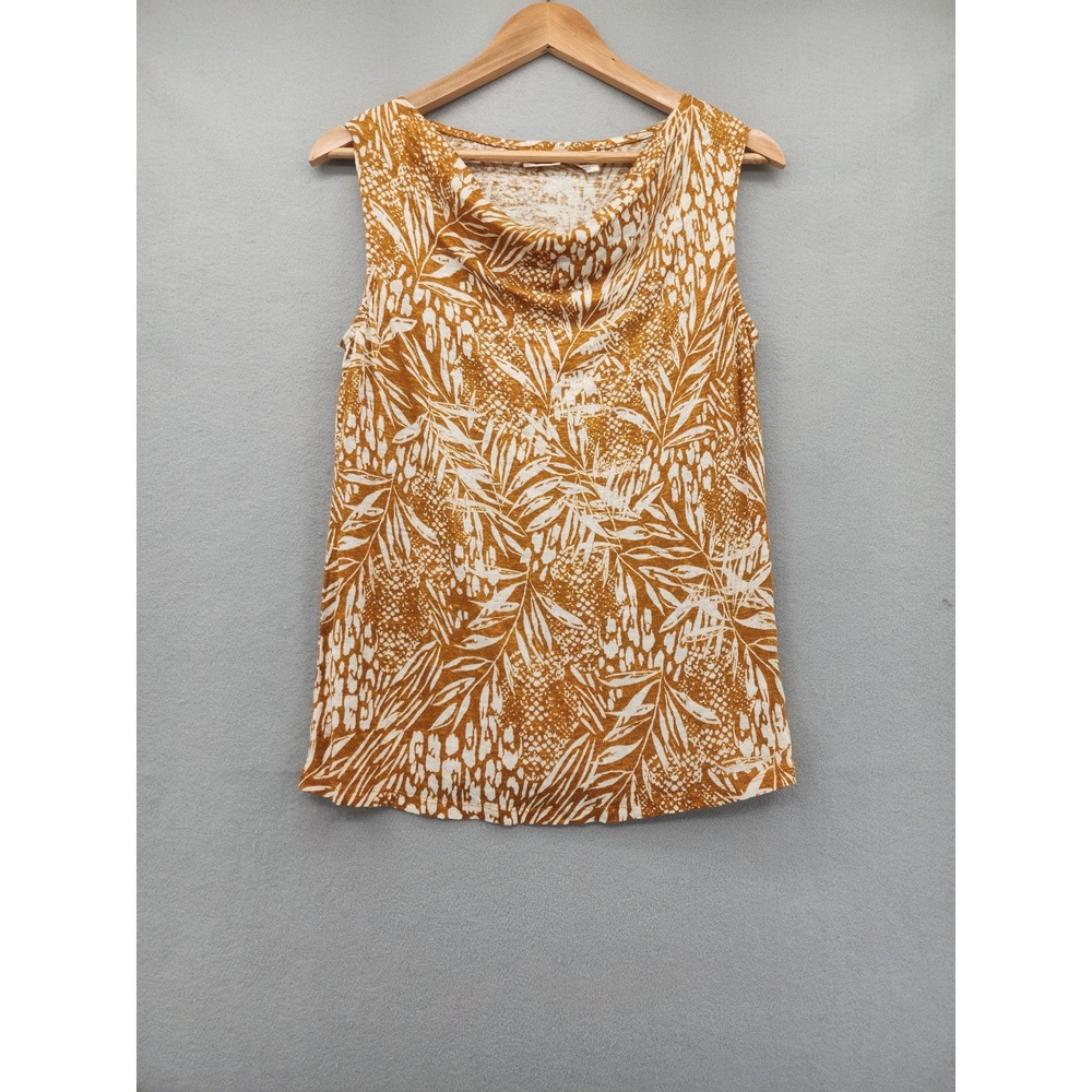 Christian Siriano Linen Top Cowl Neck Tropical Leaf Mustard Yellow Sleeveless M